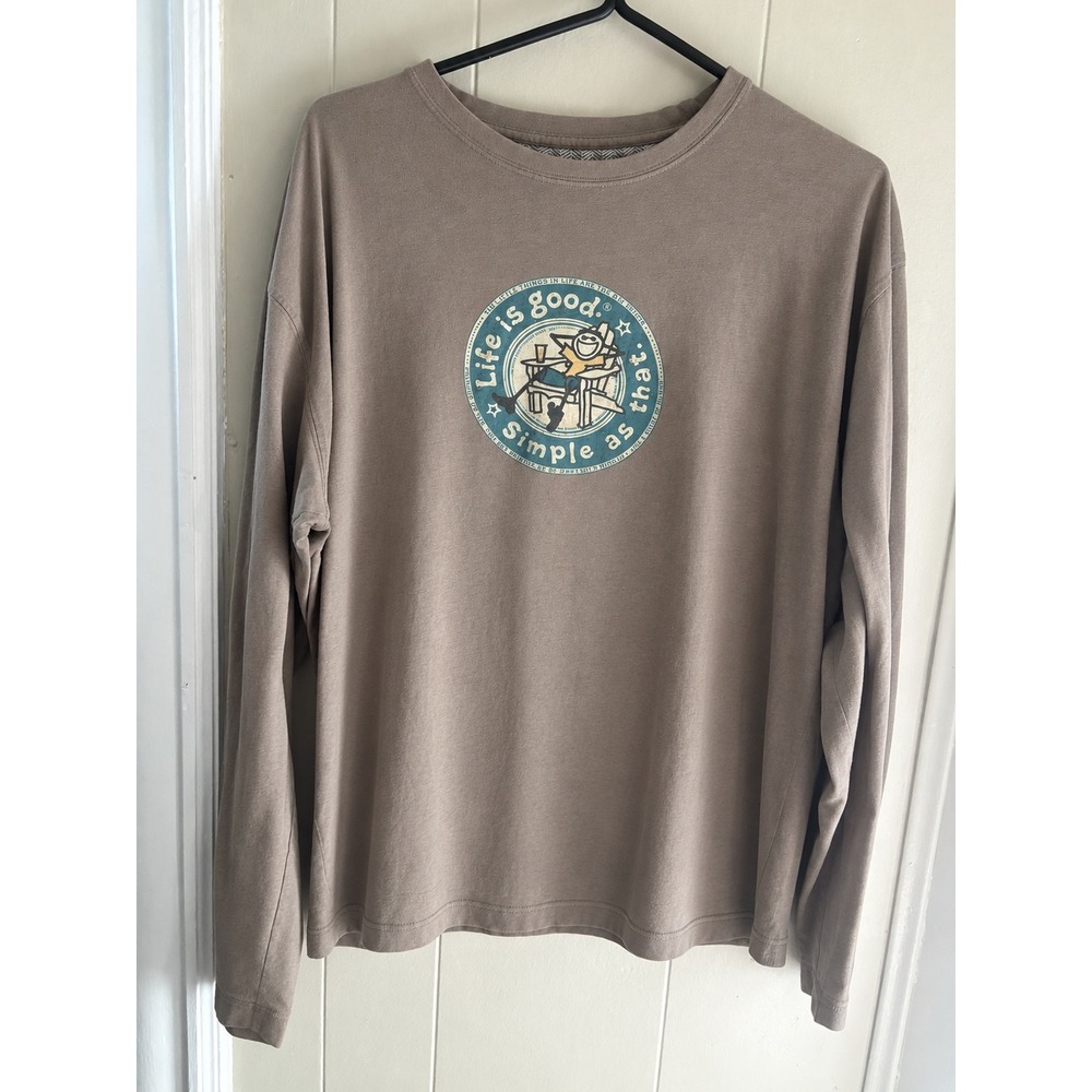 Life is Good Mens Long Sleeve Graphic Tee Brown Simple As That Jake Shirt Large